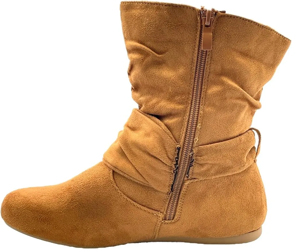 ABSOLEX Women Suede Fashion Slouch Mid Calf Low Heel Casual Slip On Ankle Bootie