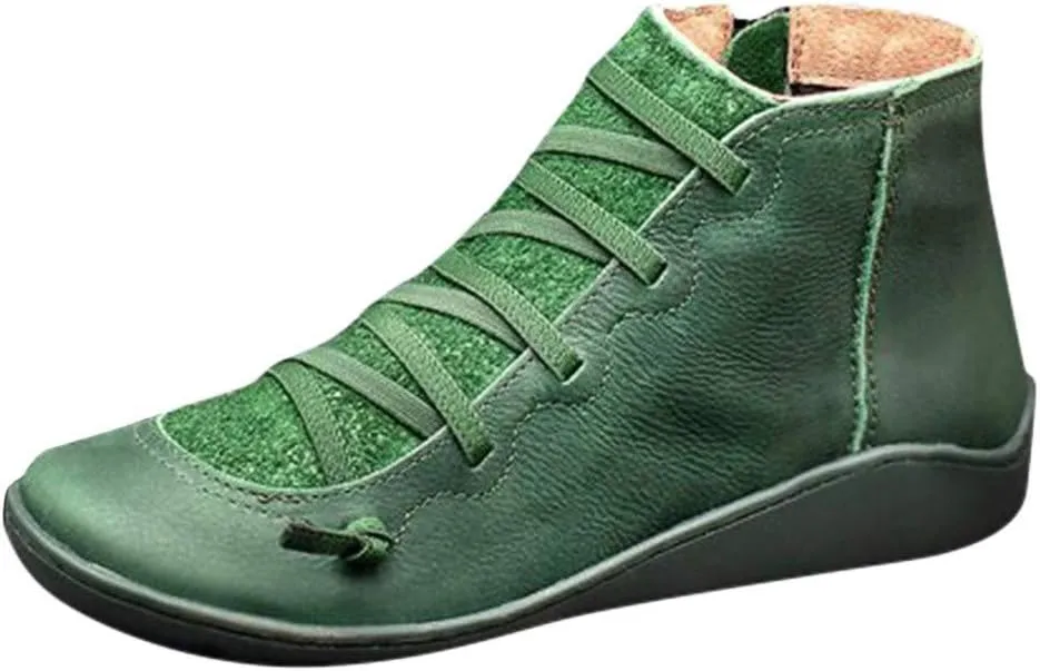 Ankle Booties for Women Flat Heel,Womens Ankle Boots Fashion Lace Up Side Zip Vintage Booties Low Heel Arch Support
