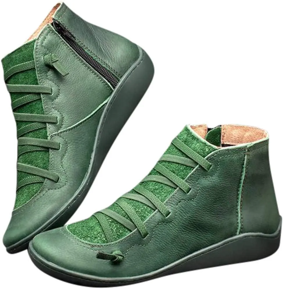 Ankle Booties for Women Flat Heel,Womens Ankle Boots Fashion Lace Up Side Zip Vintage Booties Low Heel Arch Support
