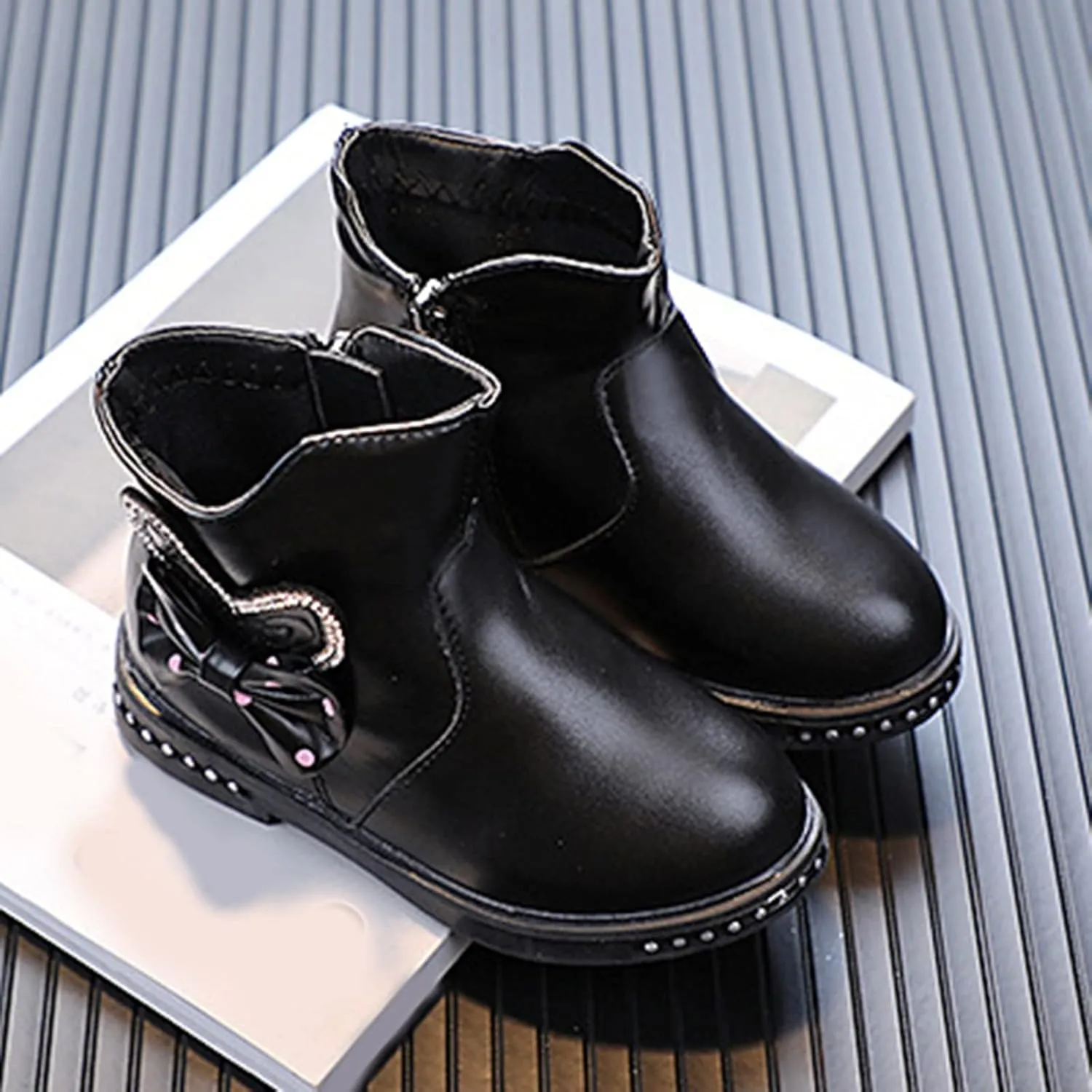 Ankle Boots for Girls Side Zip Short Winter Boots Slip On Flat Boot Bowknot Cute Dress Booties (Little Kids/Big Kids)