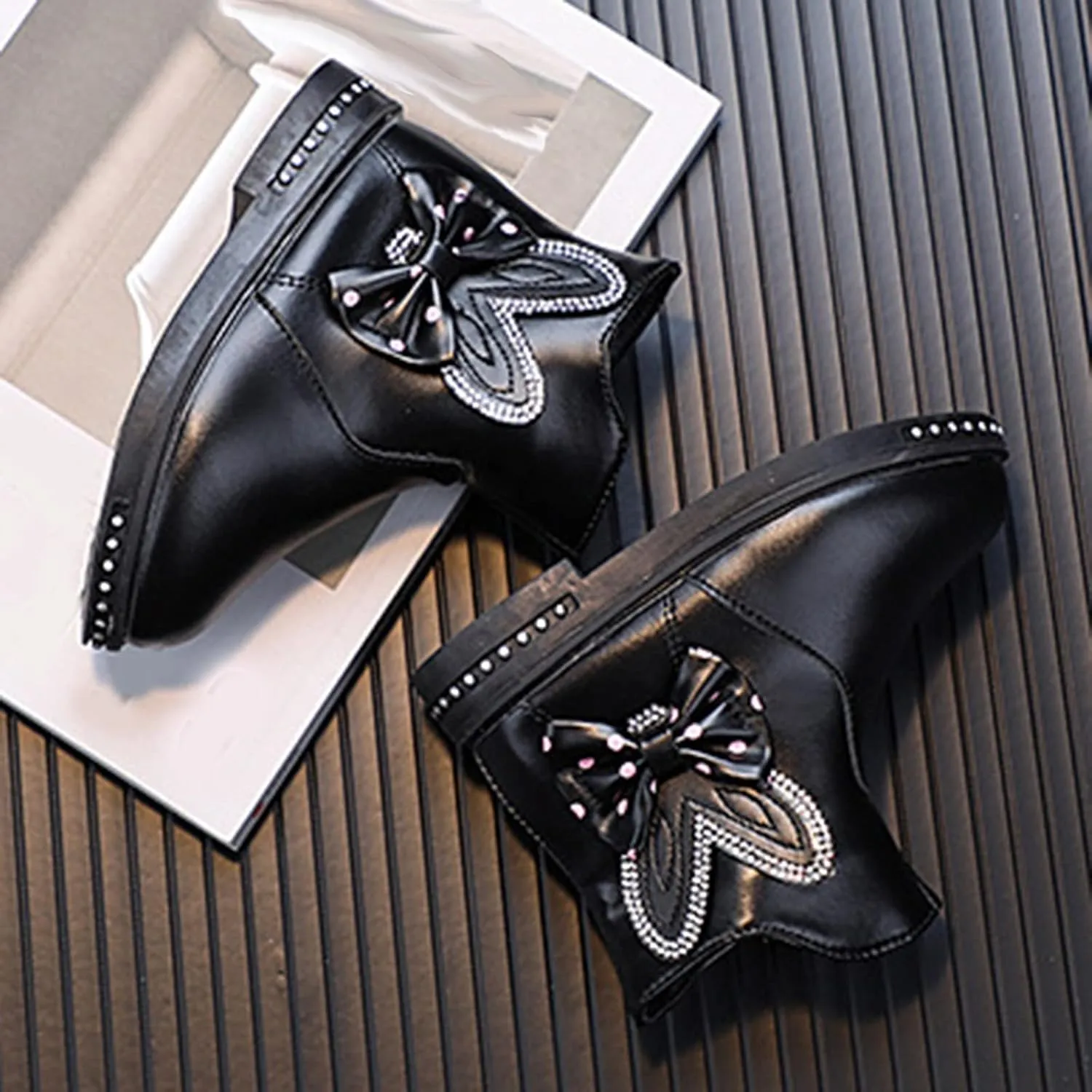 Ankle Boots for Girls Side Zip Short Winter Boots Slip On Flat Boot Bowknot Cute Dress Booties (Little Kids/Big Kids)