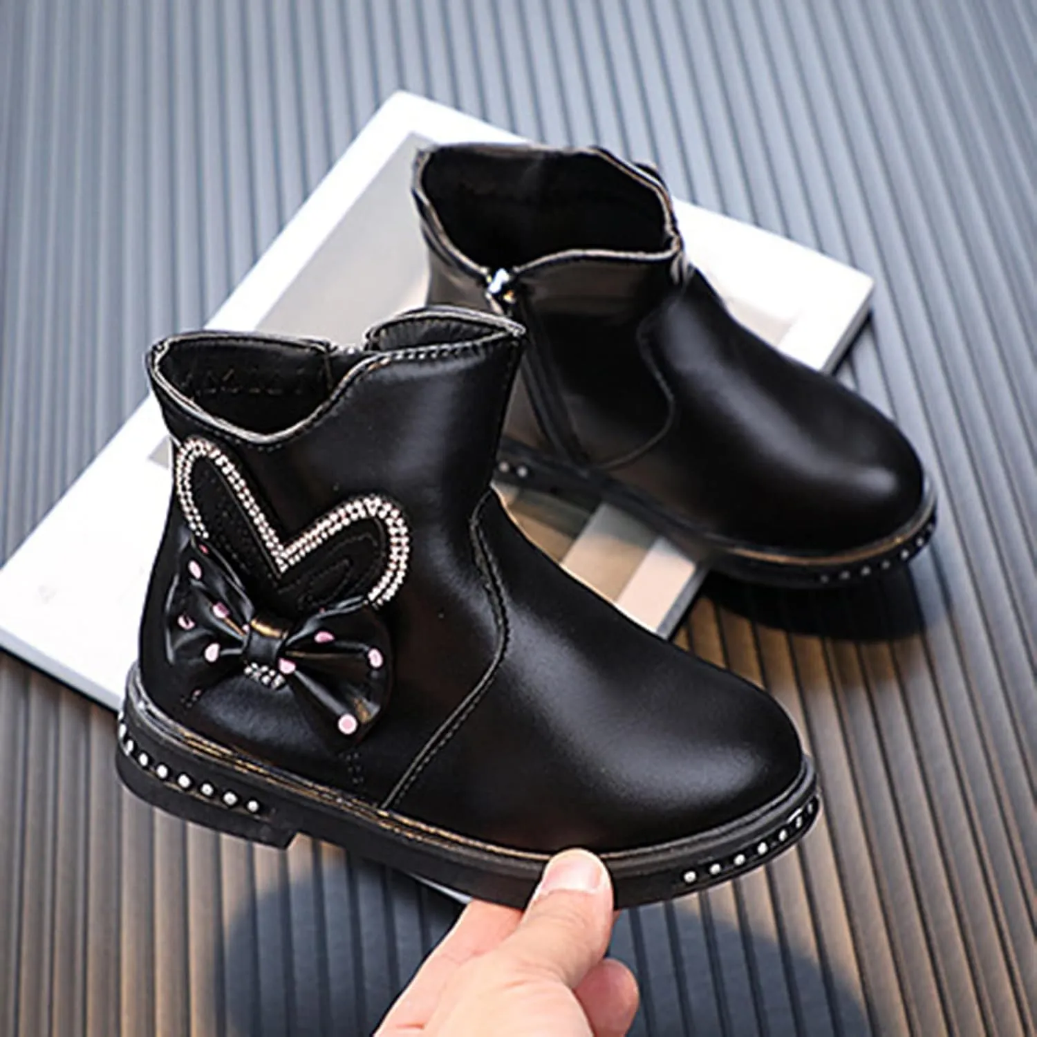 Ankle Boots for Girls Side Zip Short Winter Boots Slip On Flat Boot Bowknot Cute Dress Booties (Little Kids/Big Kids)