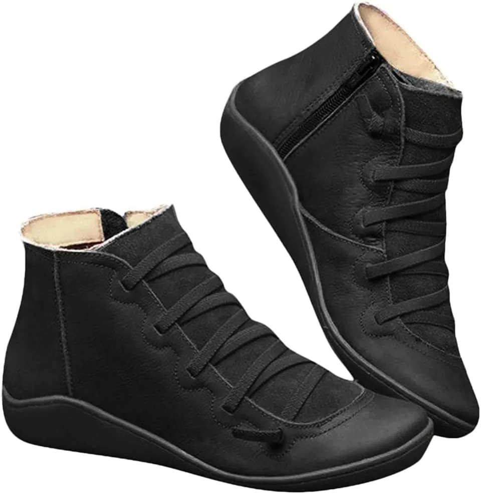 Ankle Boots for Women No Heel,2019 New Arch Support Booties Side Zip-up Vintage Leather Damping Shoes Flat Heel Booties