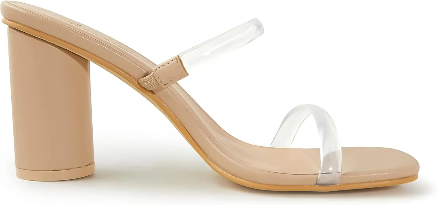 Arromic Women's Heeled Sandals Square Toe Two Strap Block Heels for Women Comfortable Strappy Heels Slip on Heeled Sandals for Women Dressy