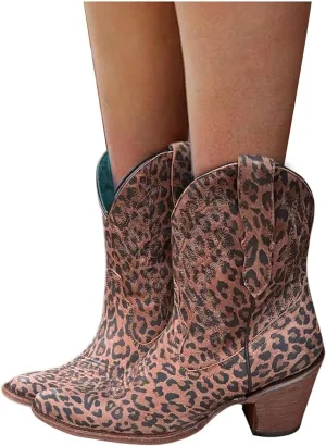 Bcshiye Women Vintage Embroidered Cowgrirl Boots Retro Short Western Ankle Boots Pointed Toe Chunky Mid Cowboy Boots