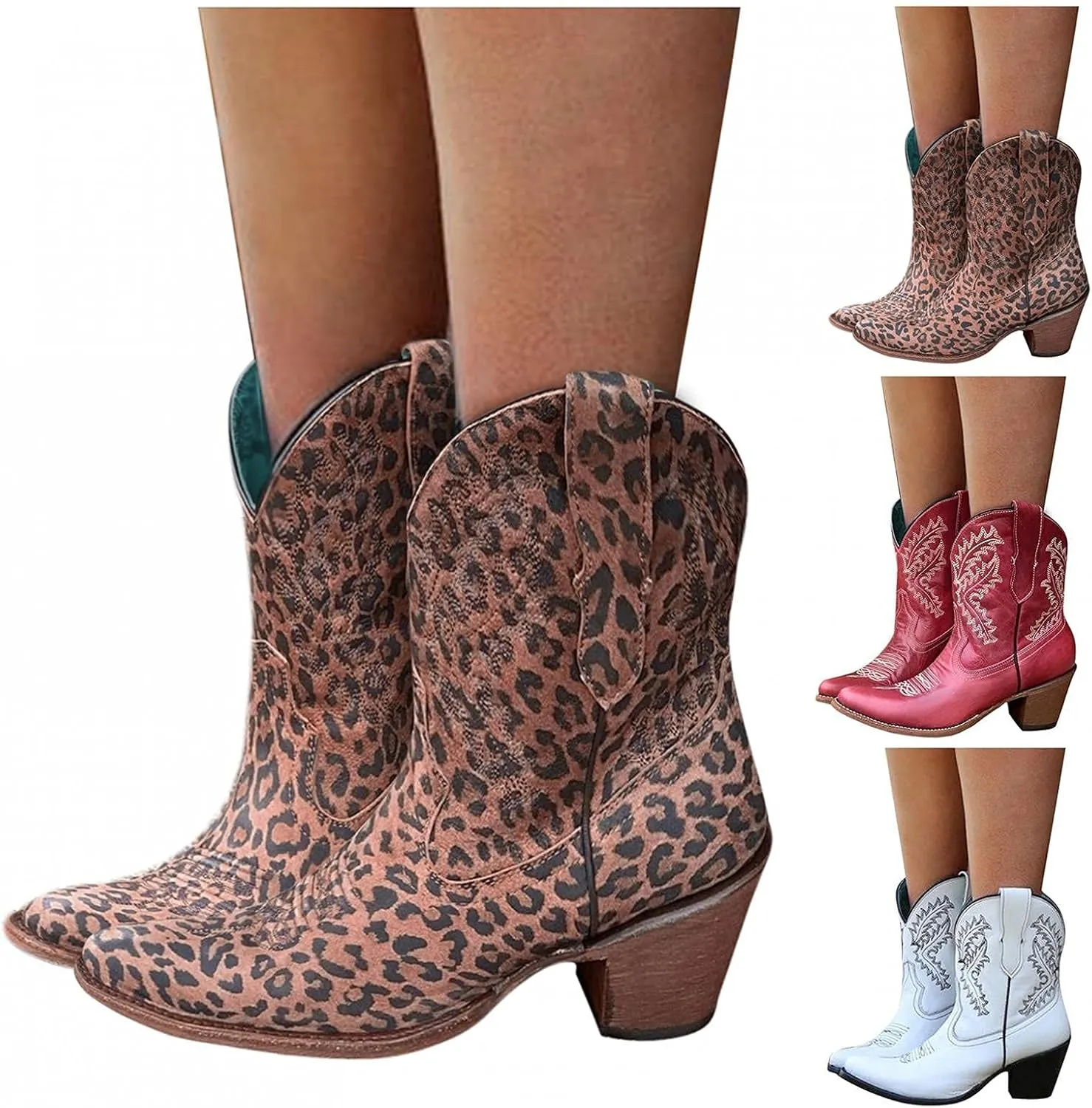 Bcshiye Women Vintage Embroidered Cowgrirl Boots Retro Short Western Ankle Boots Pointed Toe Chunky Mid Cowboy Boots