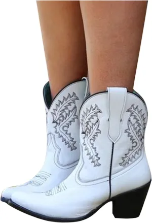 Bcshiye Women Vintage Embroidered Cowgrirl Boots Retro Short Western Ankle Boots Pointed Toe Chunky Mid Cowboy Boots