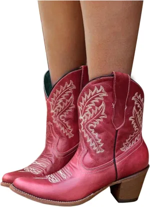 Bcshiye Women Vintage Embroidered Cowgrirl Boots Retro Short Western Ankle Boots Pointed Toe Chunky Mid Cowboy Boots