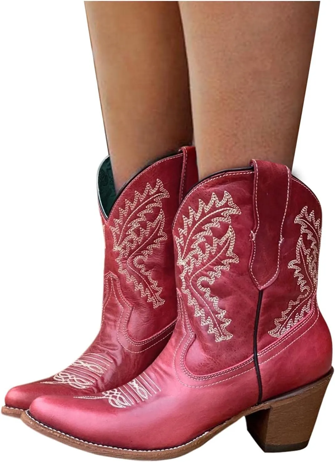 Bcshiye Women Vintage Embroidered Cowgrirl Boots Retro Short Western Ankle Boots Pointed Toe Chunky Mid Cowboy Boots