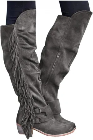 Bcshiye Women's Knee High Boots Casual Over The Knee Retro Tassel Moccasin Square Low Heel Zipper Western Long Booties