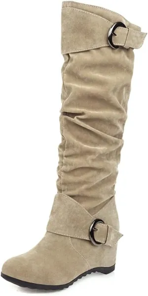 Bcshiye Women's Knee High Low Hidden Wedge Boots Buckle Straps Comfort Wide Calf Flat Slouch Cowboy Cowgirl Long Boots