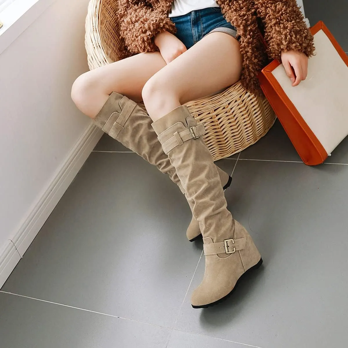 Bcshiye Women's Knee High Low Hidden Wedge Boots Buckle Straps Comfort Wide Calf Flat Slouch Cowboy Cowgirl Long Boots