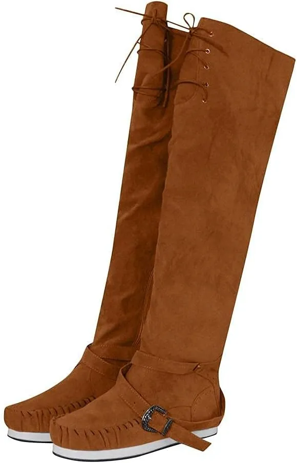 Bcshiye Women's Knee High Riding Boots Buckle Strap Tassel Western Boots Pull On Block Heel Mid Calf Combat Boots