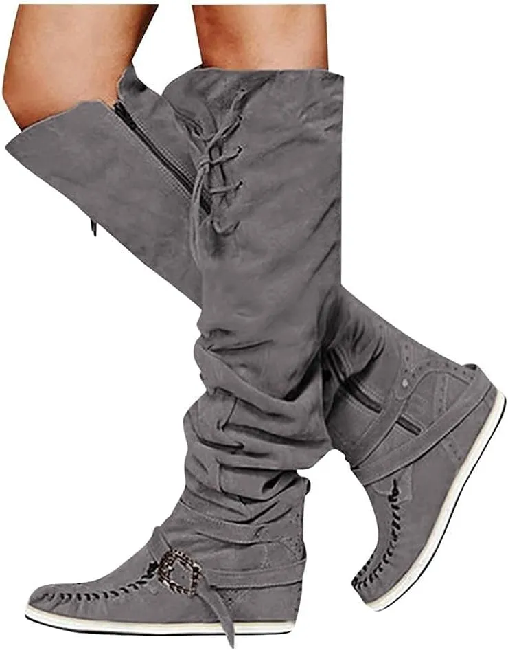 Bcshiye Women's Knee High Riding Boots Buckle Strap Tassel Western Boots Pull On Block Heel Mid Calf Combat Boots