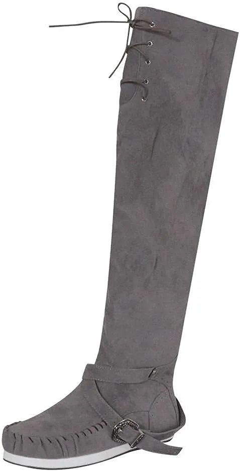 Bcshiye Women's Knee High Riding Boots Buckle Strap Tassel Western Boots Pull On Block Heel Mid Calf Combat Boots
