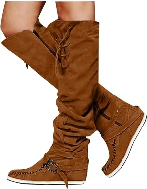 Bcshiye Women's Knee High Riding Boots Buckle Strap Tassel Western Boots Pull On Block Heel Mid Calf Combat Boots
