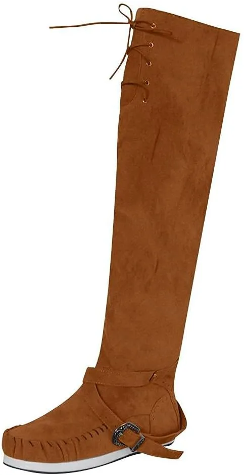 Bcshiye Women's Knee High Riding Boots Buckle Strap Tassel Western Boots Pull On Block Heel Mid Calf Combat Boots