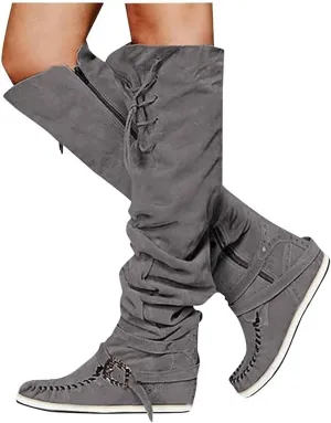Bcshiye Women's Knee High Riding Boots Buckle Strap Tassel Western Boots Pull On Block Heel Mid Calf Combat Boots