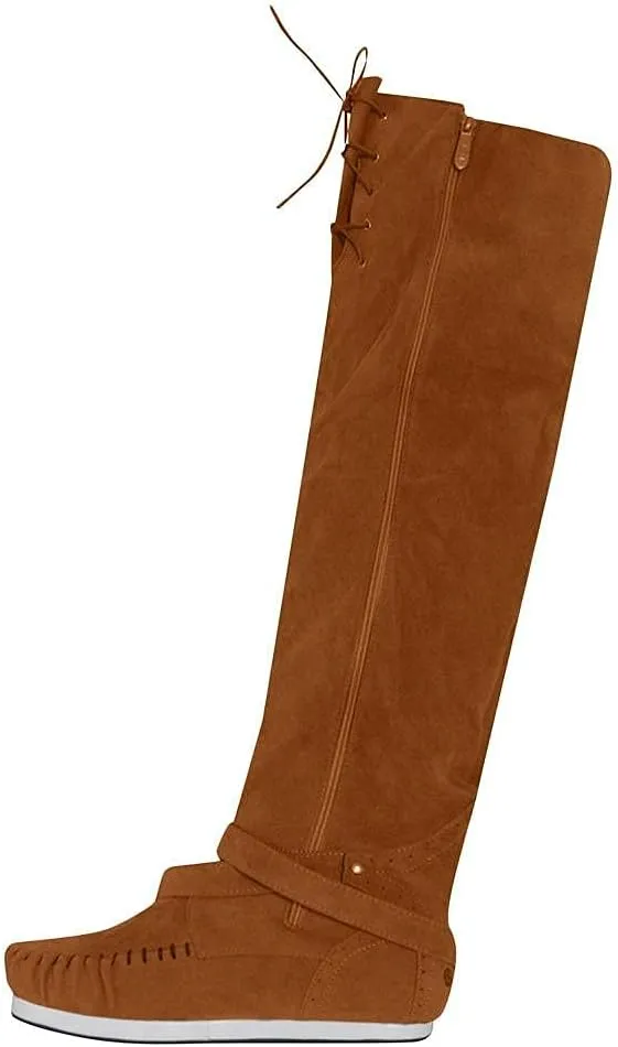 Bcshiye Women's Knee High Riding Boots Buckle Strap Tassel Western Boots Pull On Block Heel Mid Calf Combat Boots