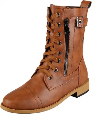 Bcshiye Women's Lace Up Combat Boot,Round Toe Chunky Low Heel Ankle Booties Slip on Fashion Leather Winter Short Booties