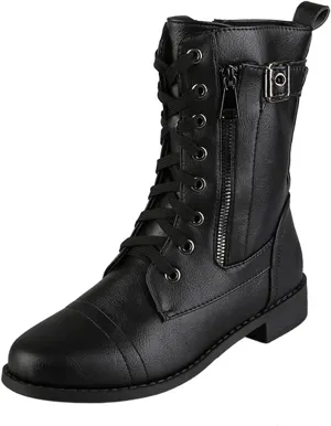 Bcshiye Women's Lace Up Combat Boot,Round Toe Chunky Low Heel Ankle Booties Slip on Fashion Leather Winter Short Booties