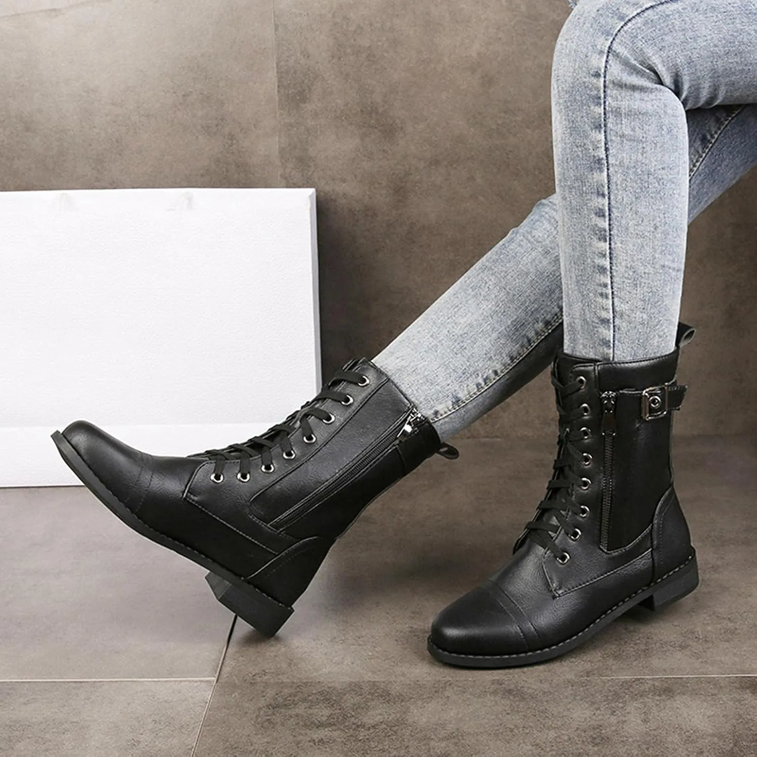 Bcshiye Women's Lace Up Combat Boot,Round Toe Chunky Low Heel Ankle Booties Slip on Fashion Leather Winter Short Booties