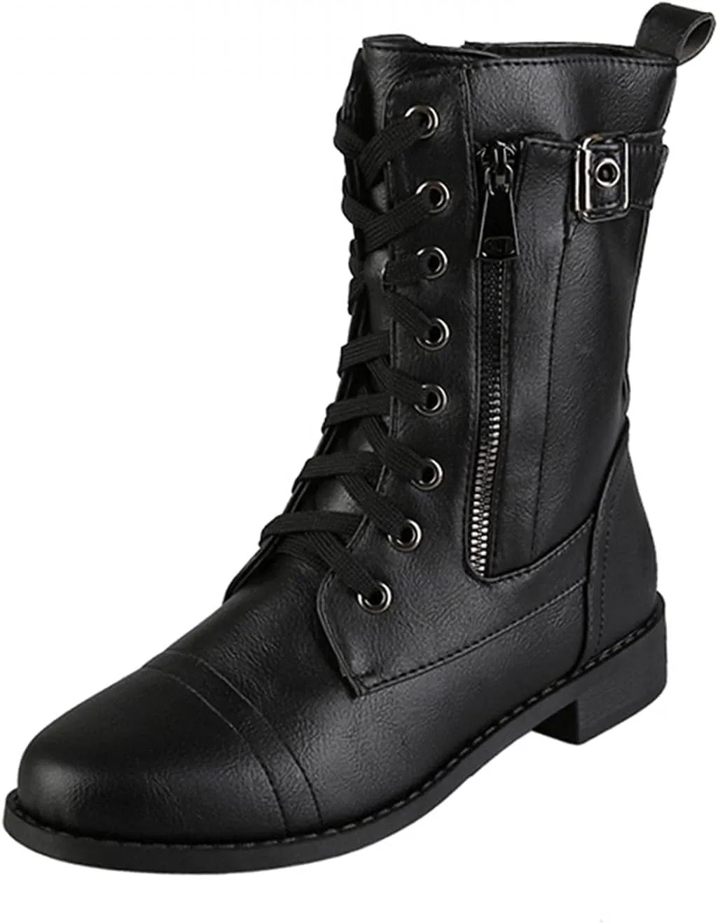 Bcshiye Women's Lace Up Combat Boot,Round Toe Chunky Low Heel Ankle Booties Slip on Fashion Leather Winter Short Booties