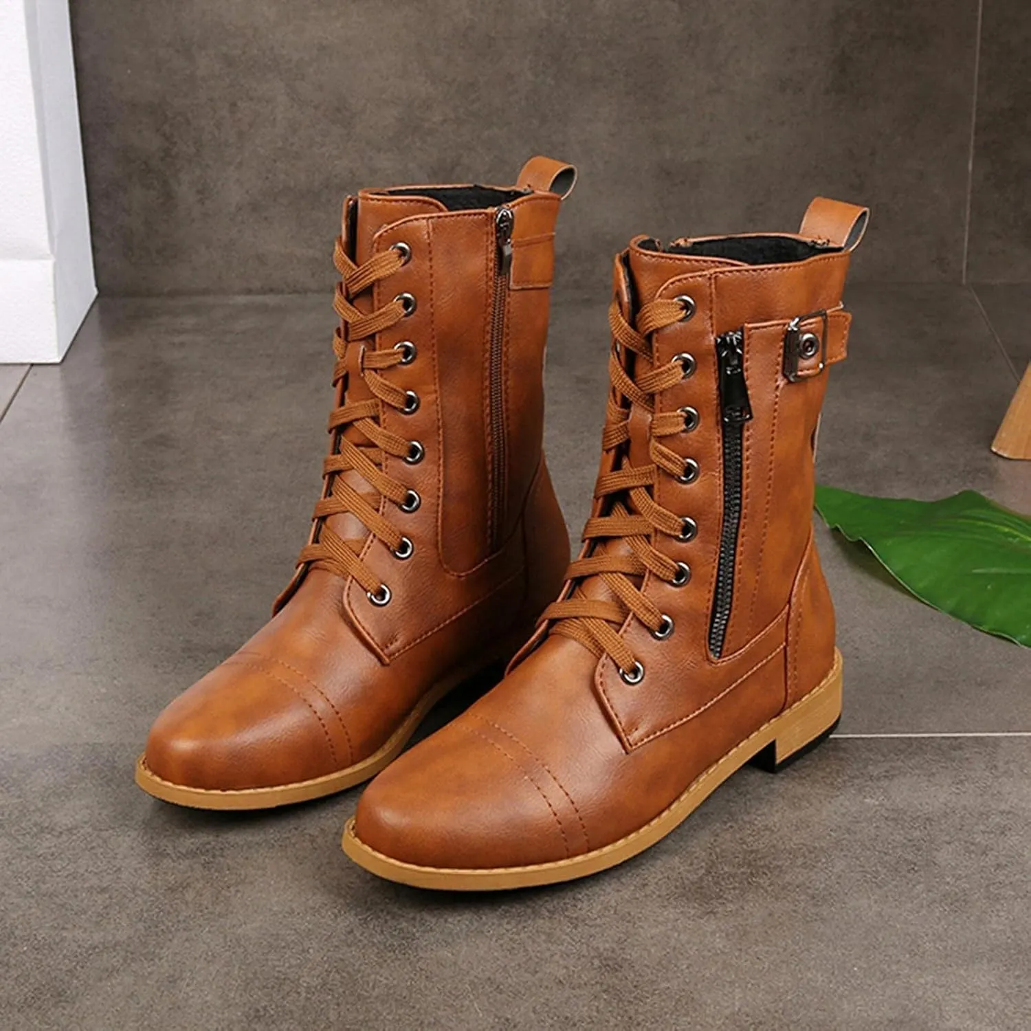 Bcshiye Women's Lace Up Combat Boot,Round Toe Chunky Low Heel Ankle Booties Slip on Fashion Leather Winter Short Booties