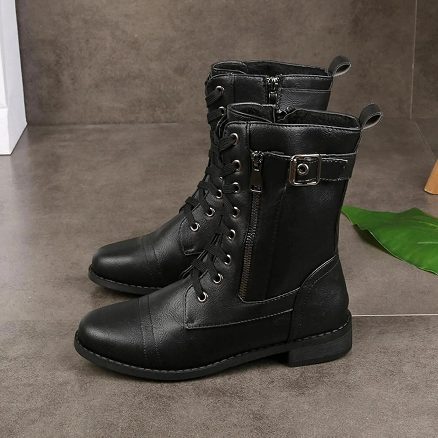 Bcshiye Women's Lace Up Combat Boot,Round Toe Chunky Low Heel Ankle Booties Slip on Fashion Leather Winter Short Booties