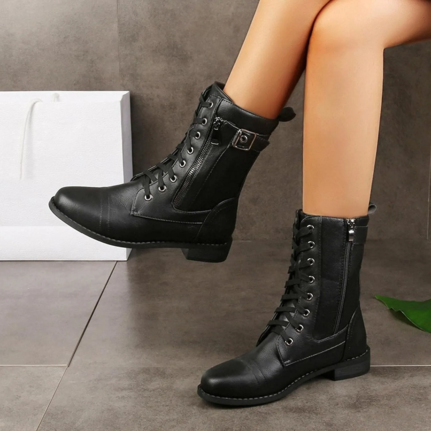 Bcshiye Women's Lace Up Combat Boot,Round Toe Chunky Low Heel Ankle Booties Slip on Fashion Leather Winter Short Booties