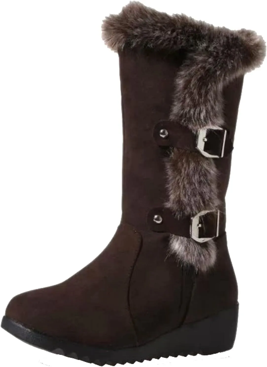 Bcshiye Women's Mid Calf Fashion Winter Snow Boots Cold Weather Furry Fluffy Buckle Ankle Snow Booties Fur Warm Shoes