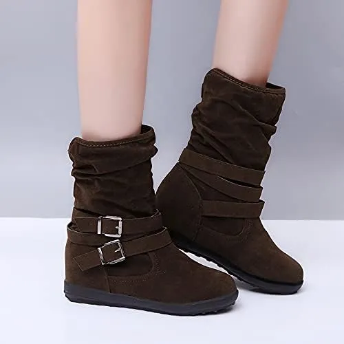 Bcshiye Women's Mid Calf Slouch Ankle Boots - Wide Width, Flat Heels, Vintage Winter Snow Riding Boots