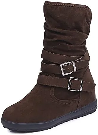 Bcshiye Women's Mid Calf Slouch Ankle Boots - Wide Width, Flat Heels, Vintage Winter Snow Riding Boots