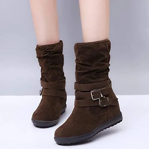 Bcshiye Women's Mid Calf Slouch Ankle Boots - Wide Width, Flat Heels, Vintage Winter Snow Riding Boots