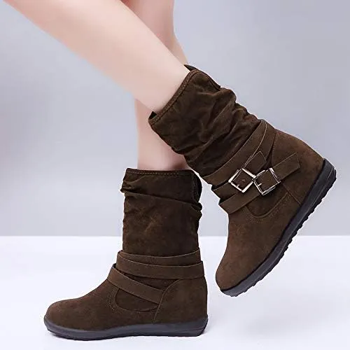 Bcshiye Women's Mid Calf Slouch Ankle Boots - Wide Width, Flat Heels, Vintage Winter Snow Riding Boots