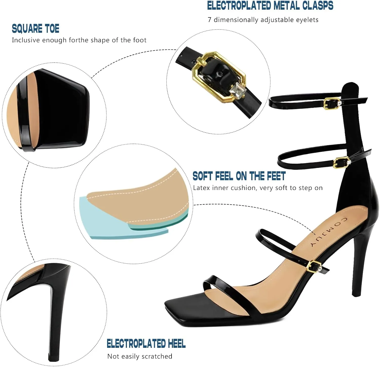 Black High Strappy Heels for Women with Three Adjustable Straps, Women's High Heel Sandals Open Toe, Sexy Dressy Shoes for Prom Wedding and Office