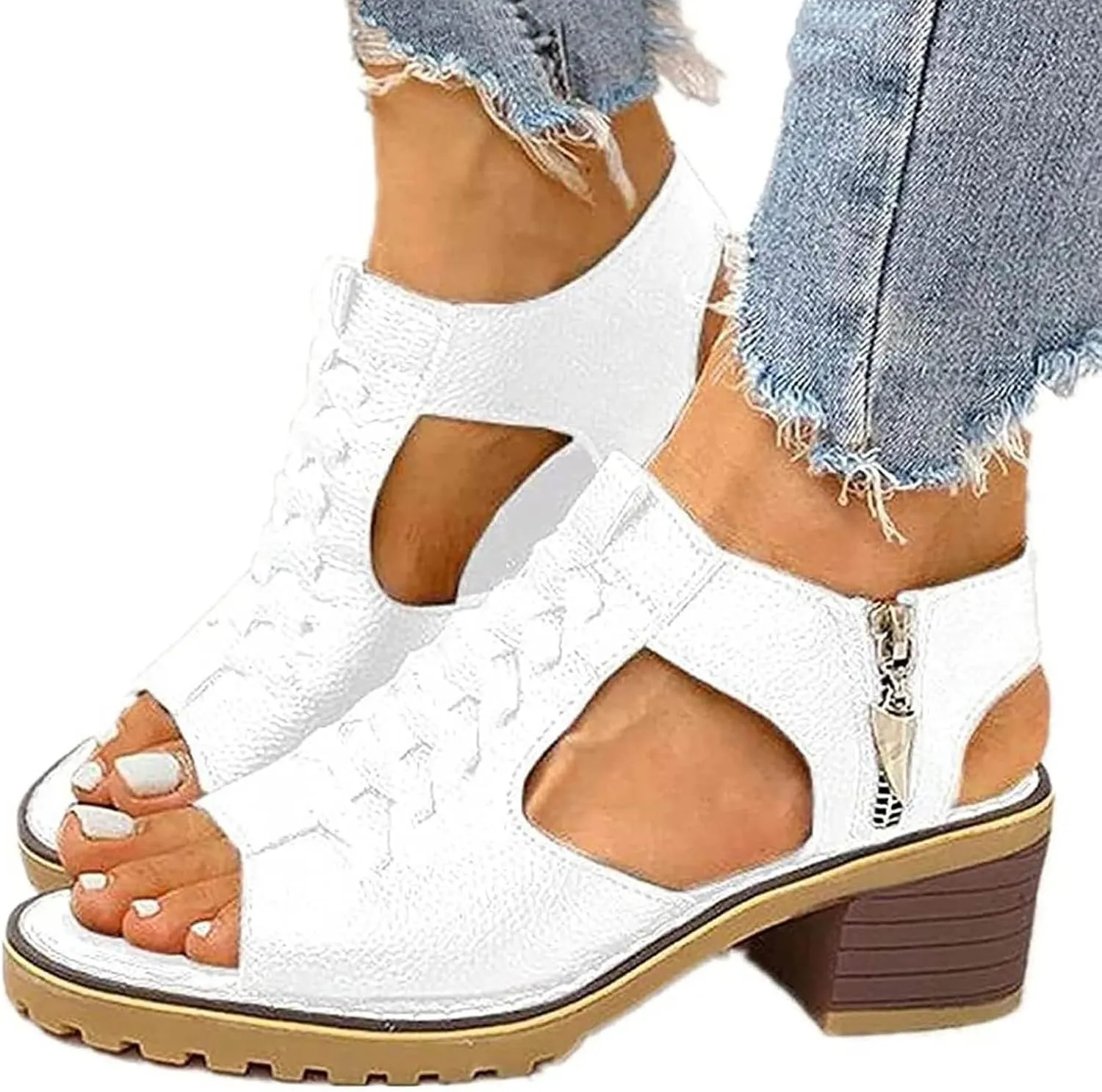 Block Heel Sandals for Women,Comfortable Open Toe Low Chunky Heels Dress Sandal Womens Mid Women‘s Dressy Summer Side Zipper Ankle Strap Classic Fashion Party Straps Comfortable Walking Shoes