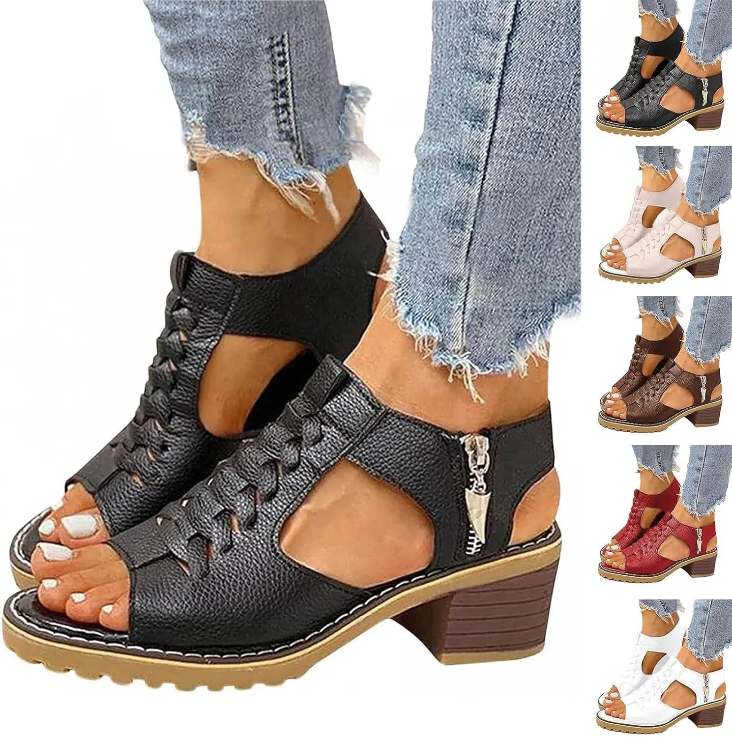 Block Heel Sandals for Women,Comfortable Open Toe Low Chunky Heels Dress Sandal Womens Mid Women‘s Dressy Summer Side Zipper Ankle Strap Classic Fashion Party Straps Comfortable Walking Shoes