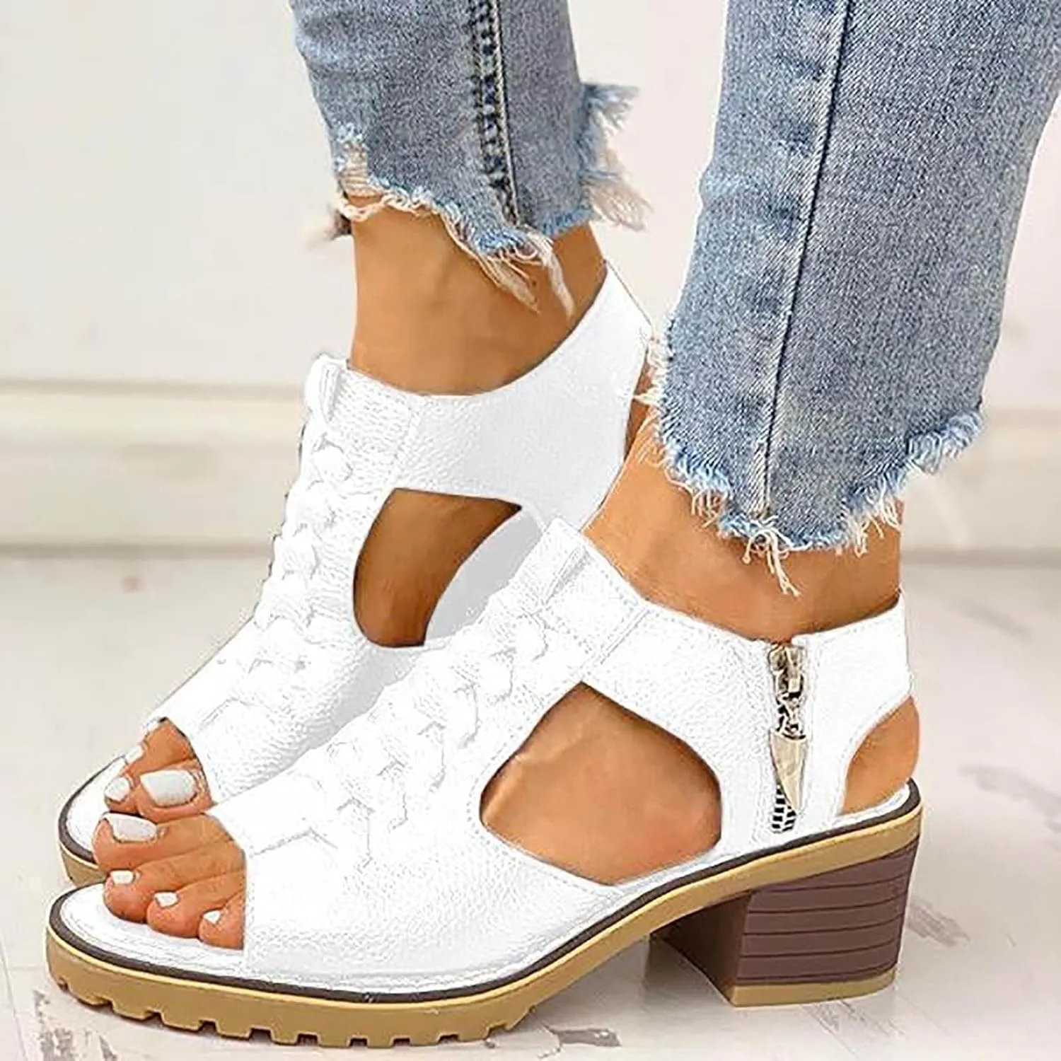 Block Heel Sandals for Women,Comfortable Open Toe Low Chunky Heels Dress Sandal Womens Mid Women‘s Dressy Summer Side Zipper Ankle Strap Classic Fashion Party Straps Comfortable Walking Shoes