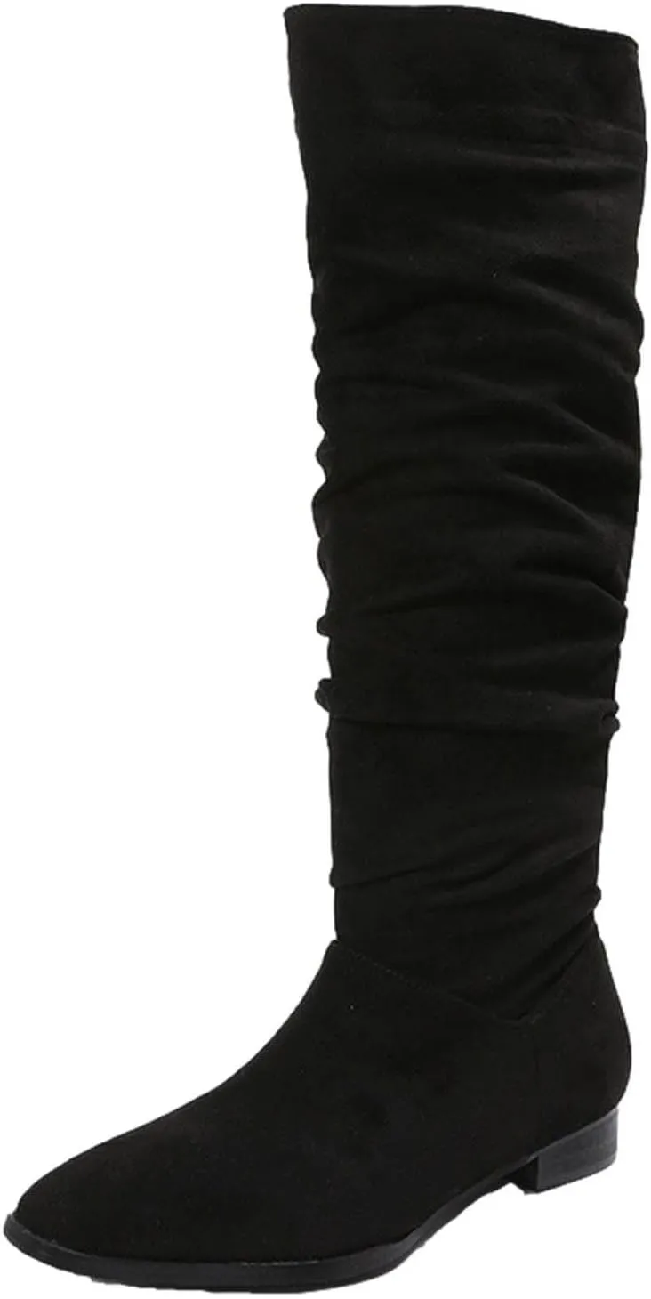 Boots for Women Knee High Low Heel Comfortable Dressy Pointed Toe Warm Pleated Slip on Block Chunky Heel Boots Winter Casual Outdoor Ladies Shoes