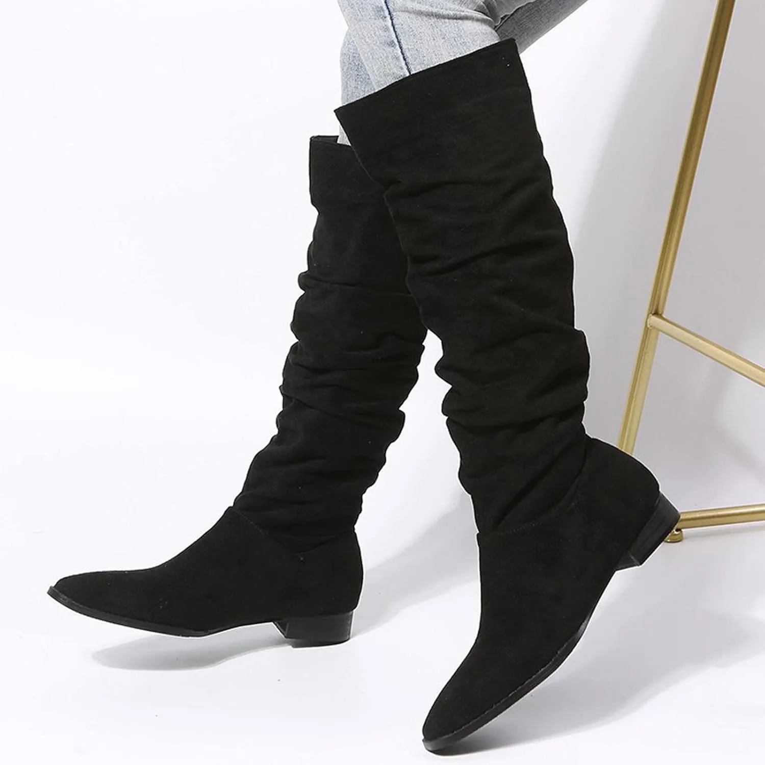 Boots for Women Knee High Low Heel Comfortable Dressy Pointed Toe Warm Pleated Slip on Block Chunky Heel Boots Winter Casual Outdoor Ladies Shoes