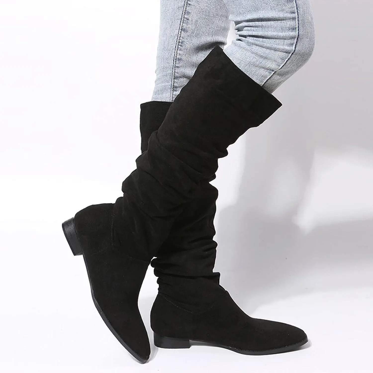 Boots for Women Knee High Low Heel Comfortable Dressy Pointed Toe Warm Pleated Slip on Block Chunky Heel Boots Winter Casual Outdoor Ladies Shoes