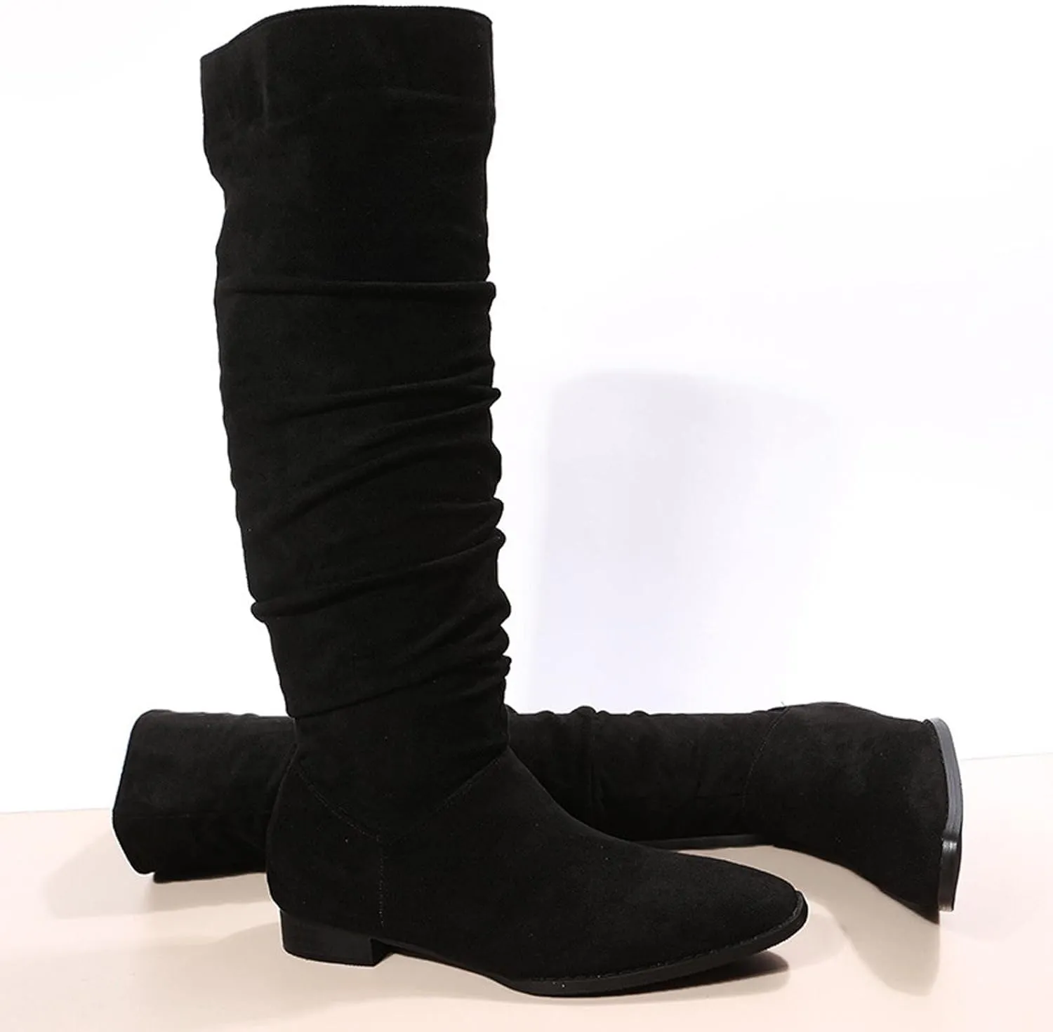 Boots for Women Knee High Low Heel Comfortable Dressy Pointed Toe Warm Pleated Slip on Block Chunky Heel Boots Winter Casual Outdoor Ladies Shoes