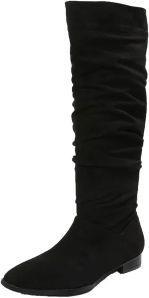 Boots for Women Knee High Low Heel Comfortable Dressy Pointed Toe Warm Pleated Slip on Block Chunky Heel Boots Winter Casual Outdoor Ladies Shoes