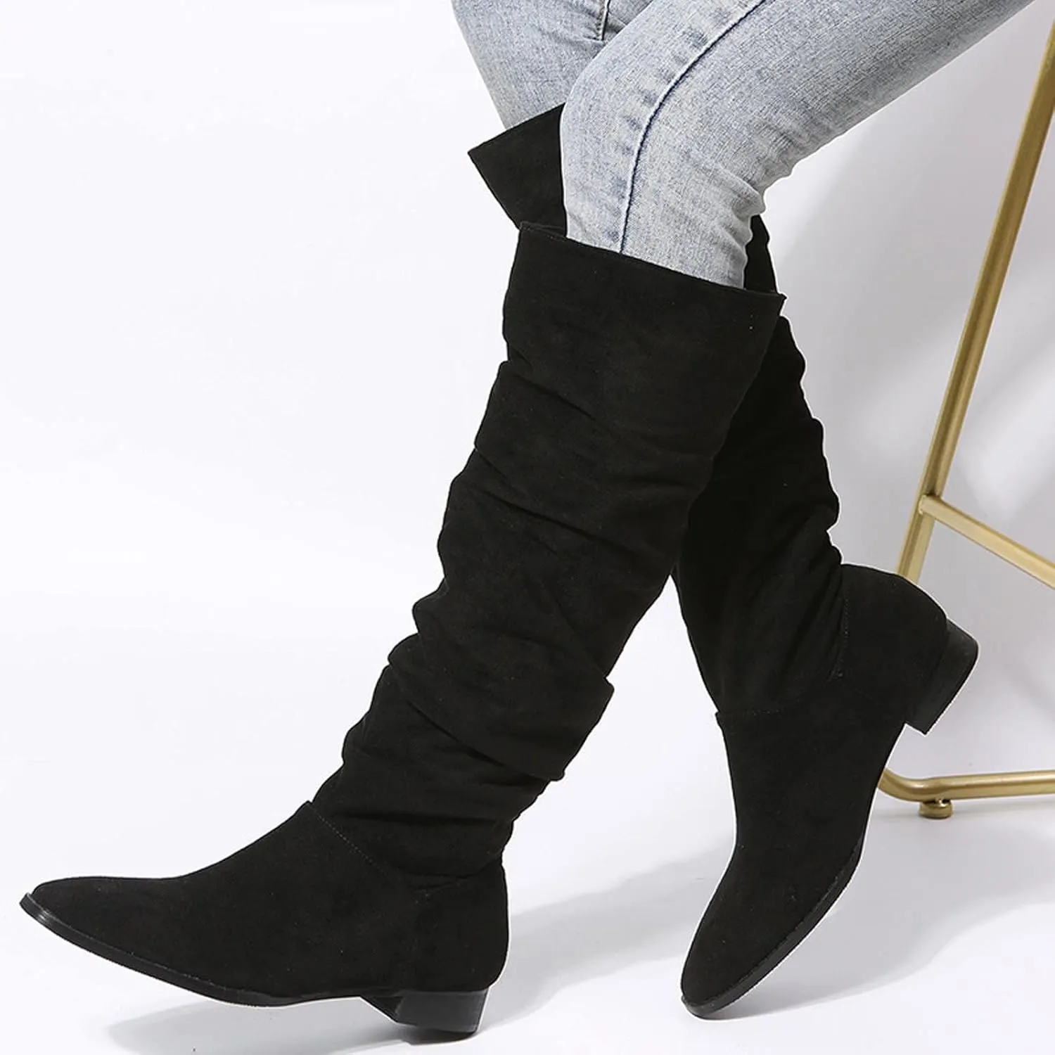 Boots for Women Knee High Low Heel Comfortable Dressy Pointed Toe Warm Pleated Slip on Block Chunky Heel Boots Winter Casual Outdoor Ladies Shoes