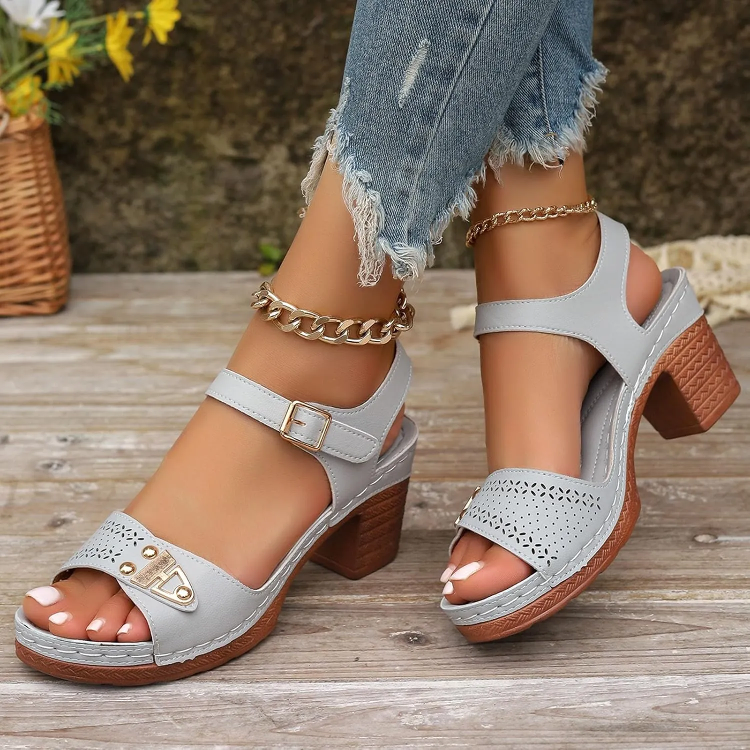 Chunky Block Heeled Sandals for Women Ankle Strappy Open Toe Dressy Heels Sandals Ladies Comfy Wedding Party Dress Shoes