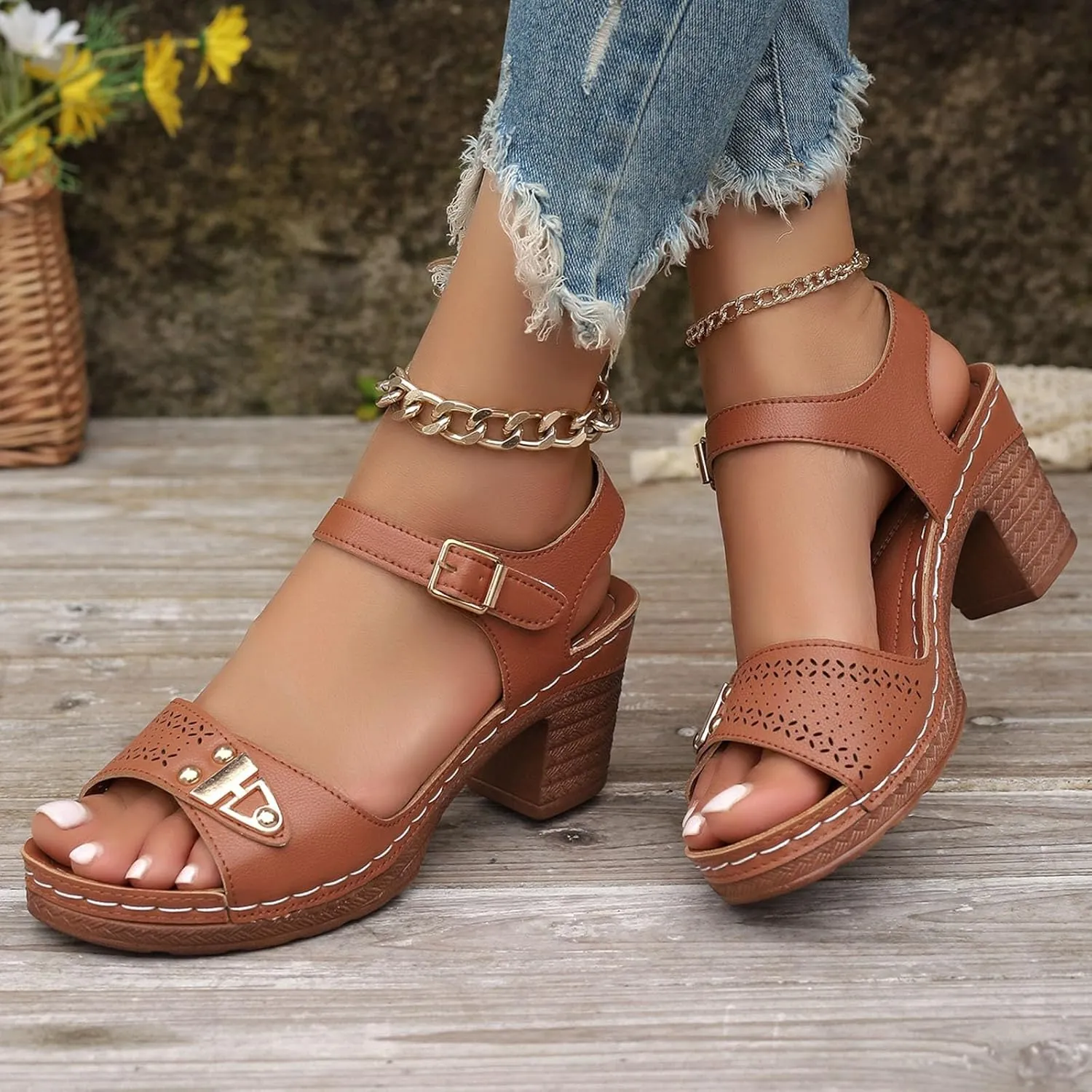 Chunky Block Heeled Sandals for Women Ankle Strappy Open Toe Dressy Heels Sandals Ladies Comfy Wedding Party Dress Shoes
