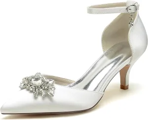 Closed Toe Satin Kitten Heels Wedding Shoes for Bride Low Heels Ankle Strap Bridal Shoes Rhinestones Shoes Pumps