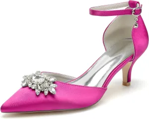 Closed Toe Satin Kitten Heels Wedding Shoes for Bride Low Heels Ankle Strap Bridal Shoes Rhinestones Shoes Pumps