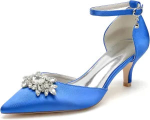 Closed Toe Satin Kitten Heels Wedding Shoes for Bride Low Heels Ankle Strap Bridal Shoes Rhinestones Shoes Pumps